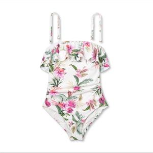 Women's Bandeau Flounce Front Ruched Full Coverage Swimsuit - Kona Sol™ Cream- M